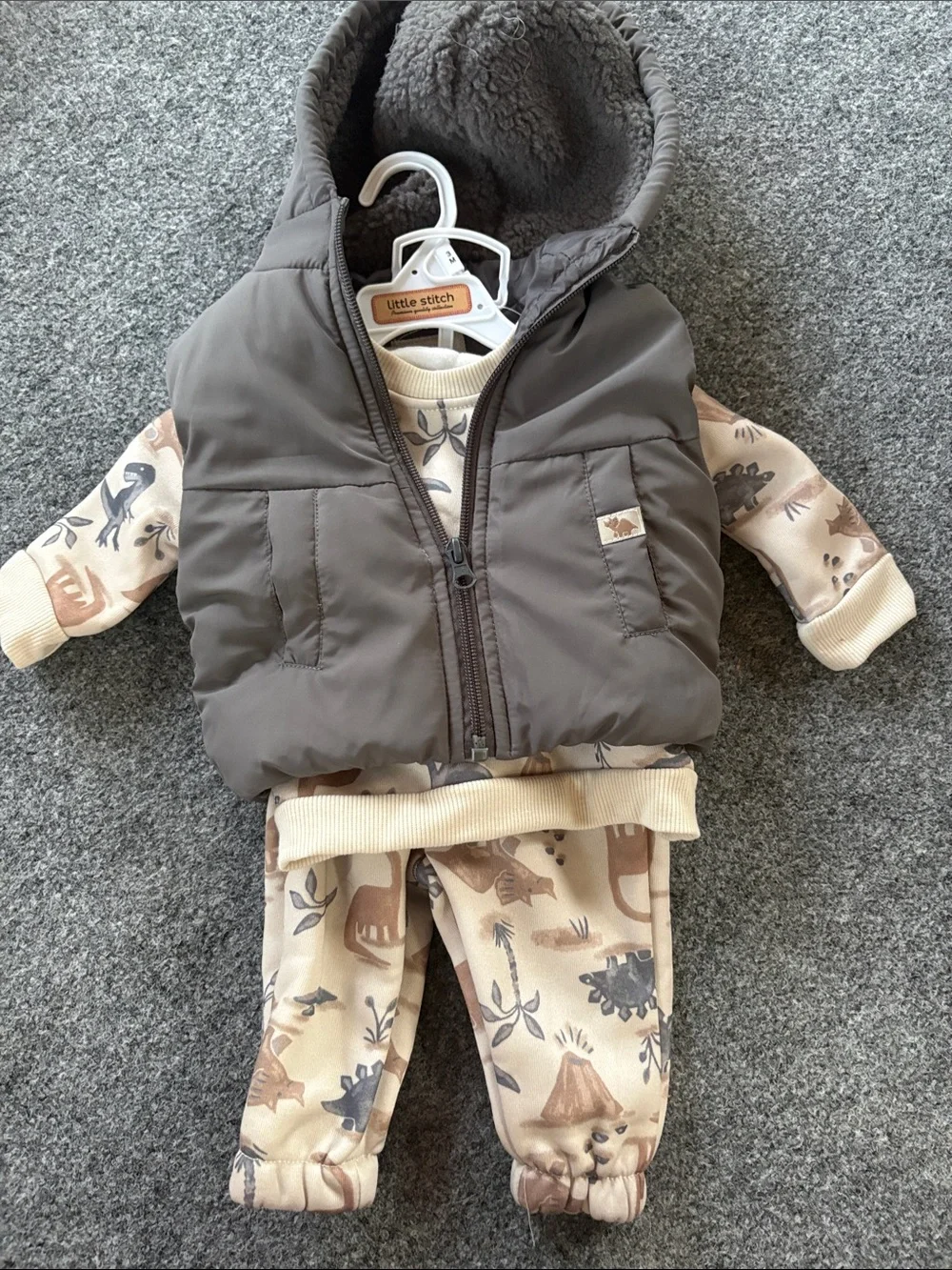 NEW! Little Stitch - Dino Print Three-Piece Outfit - Taupe & Cream - 3 months